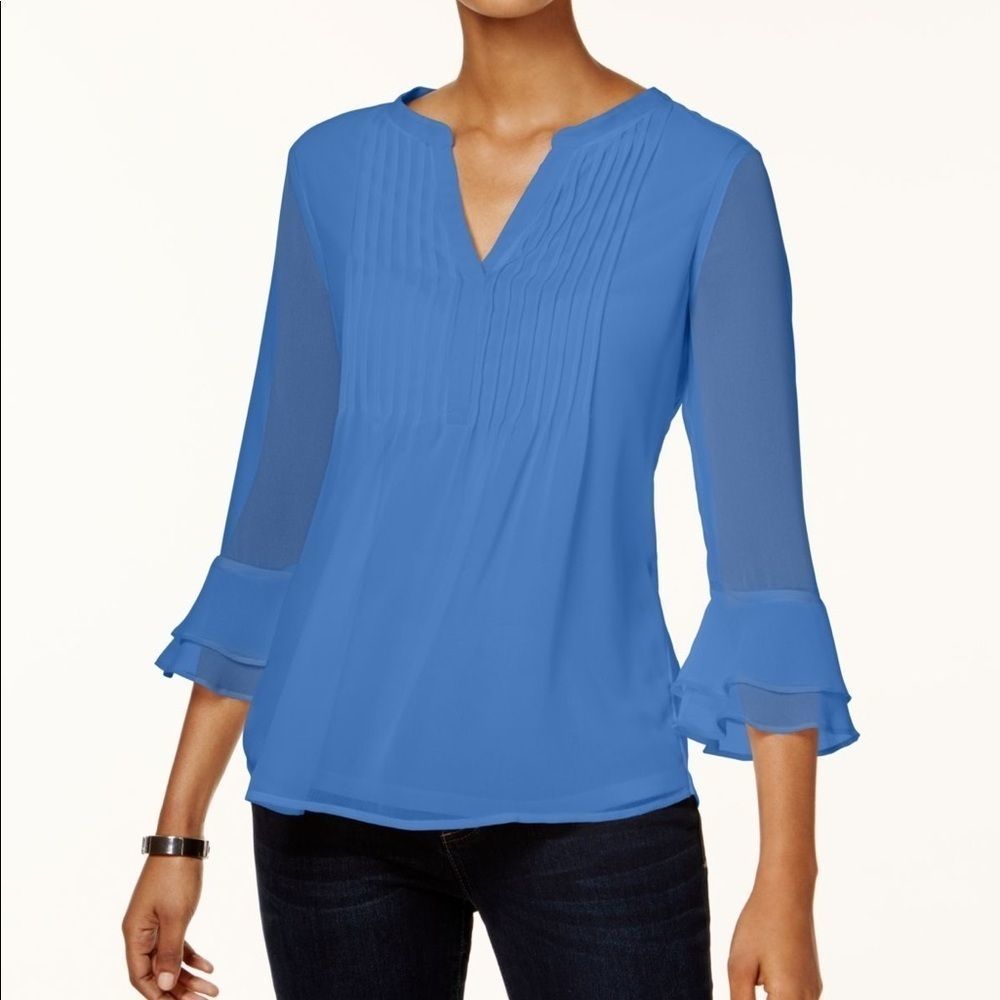 Charter Club Double Ruffle Solid Pintuck Top with Sheer a sleeves Petite Small